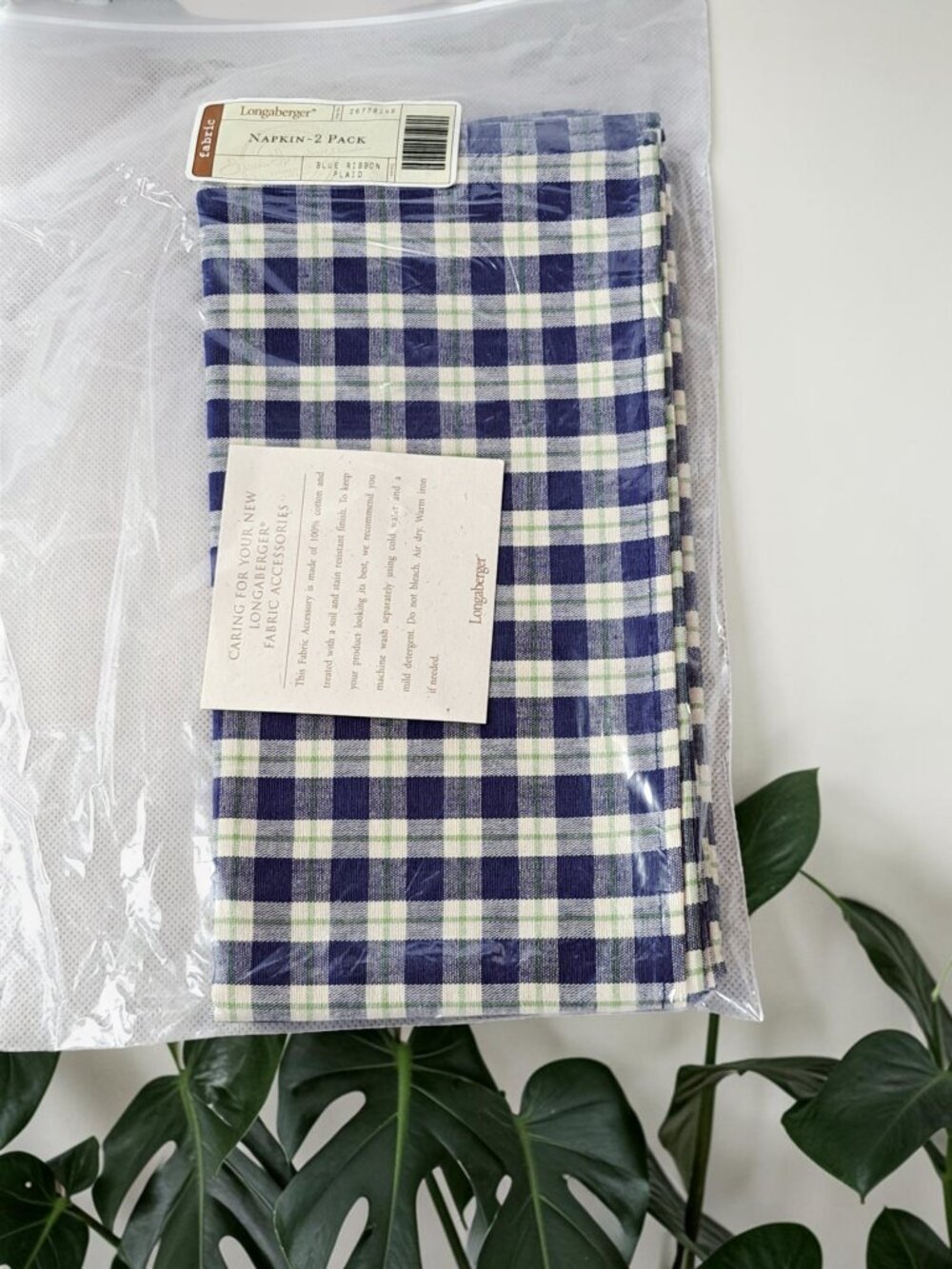 Longaberger Set Of 2 Blue Ribbon Plaid Fabric Napkins